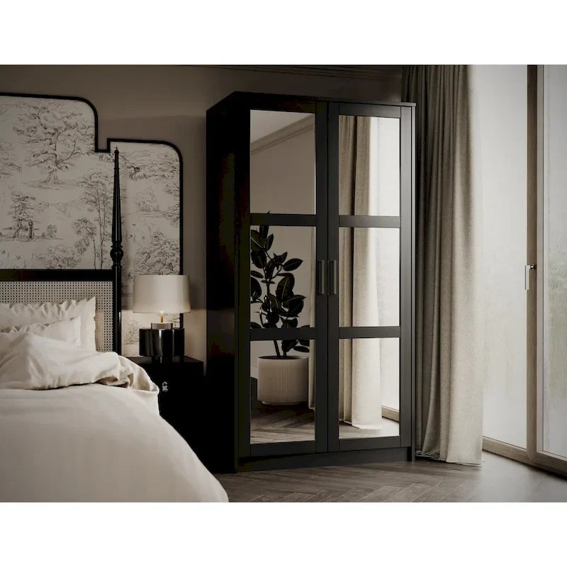 Armoire penderie 2 portes 100% bois massif avec portes en bois et portes miroirs