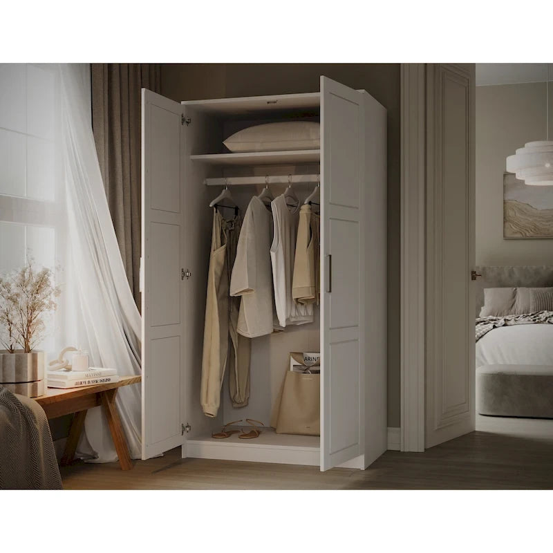 Armoire penderie 2 portes 100% bois massif avec portes en bois et portes miroirs