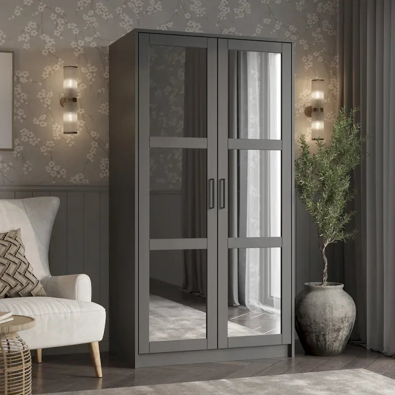 Armoire penderie 2 portes 100% bois massif avec portes en bois et portes miroirs