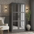 Armoire penderie 2 portes 100% bois massif avec portes en bois et portes miroirs