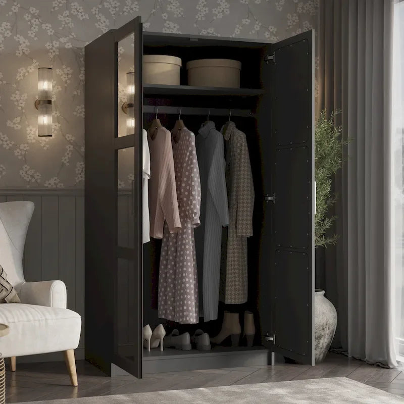 Armoire penderie 2 portes 100% bois massif avec portes en bois et portes miroirs