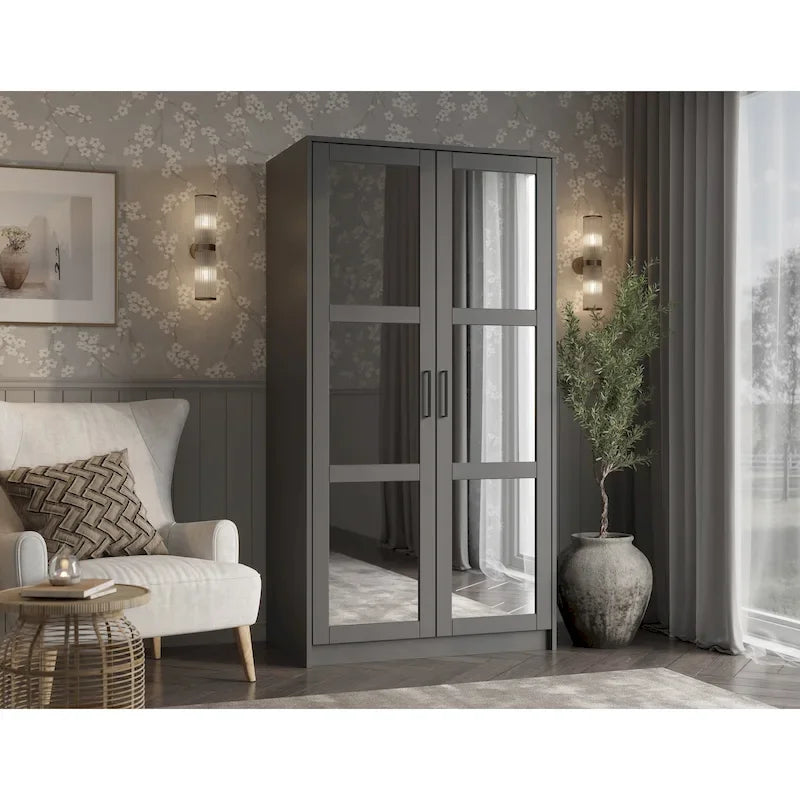 Armoire penderie 2 portes 100% bois massif avec portes en bois et portes miroirs