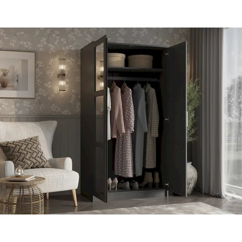 Armoire penderie 2 portes 100% bois massif avec portes en bois et portes miroirs