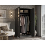 Armoire penderie 2 portes 100% bois massif avec portes en bois et portes miroirs
