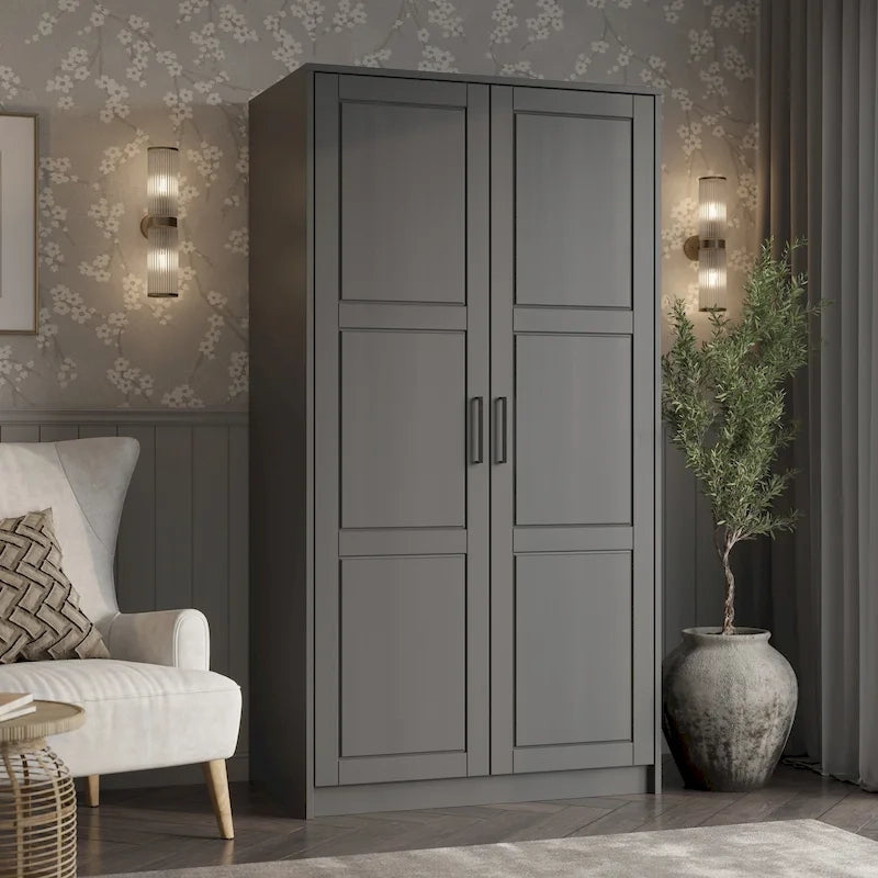 Armoire penderie 2 portes 100% bois massif avec portes en bois et portes miroirs
