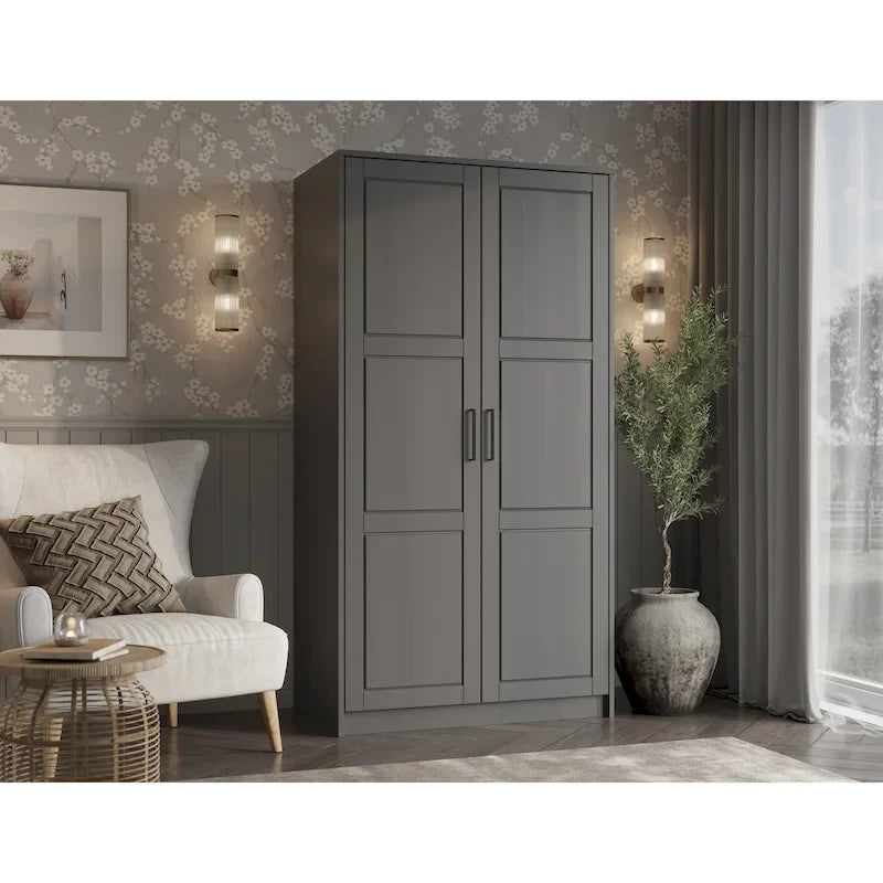 Armoire penderie 2 portes 100% bois massif avec portes en bois et portes miroirs