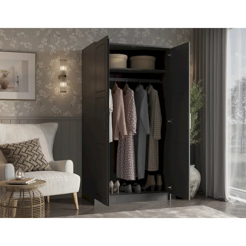Armoire penderie 2 portes 100% bois massif avec portes en bois et portes miroirs