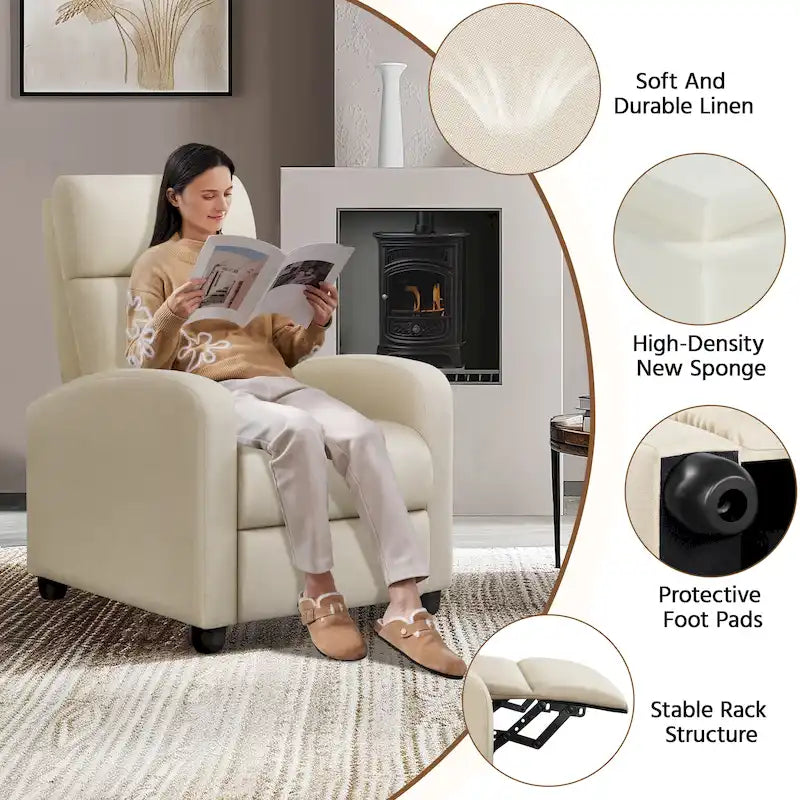 Fauteuil inclinable moderne en tissu avec siège à ressorts ensachés et repose-pieds réglable