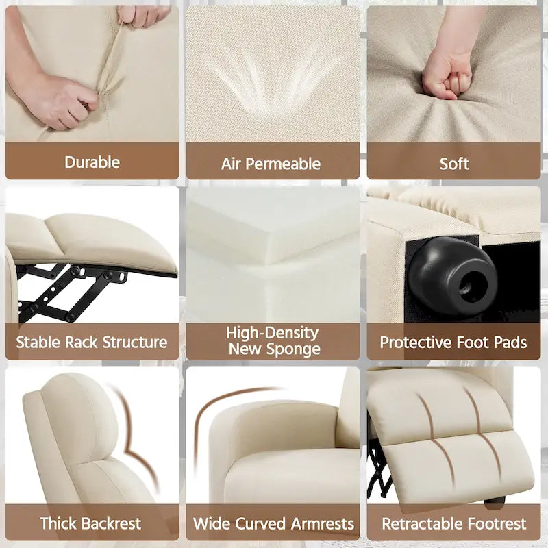 Fauteuil inclinable moderne en tissu avec siège à ressorts ensachés et repose-pieds réglable