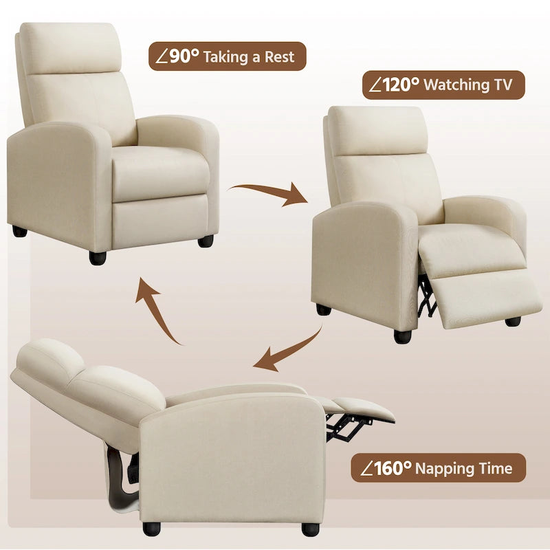 Fauteuil inclinable moderne en tissu avec siège à ressorts ensachés et repose-pieds réglable