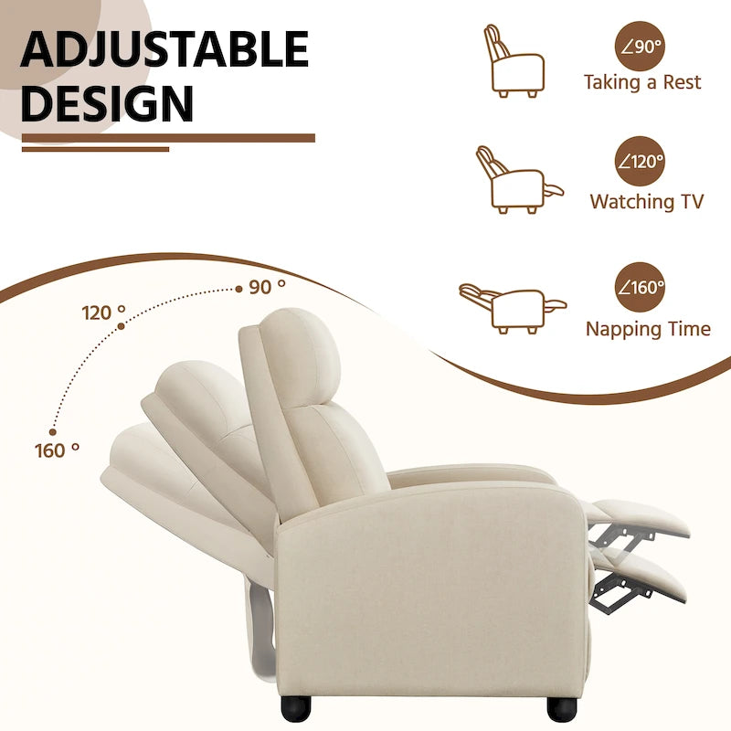 Fauteuil inclinable moderne en tissu avec siège à ressorts ensachés et repose-pieds réglable