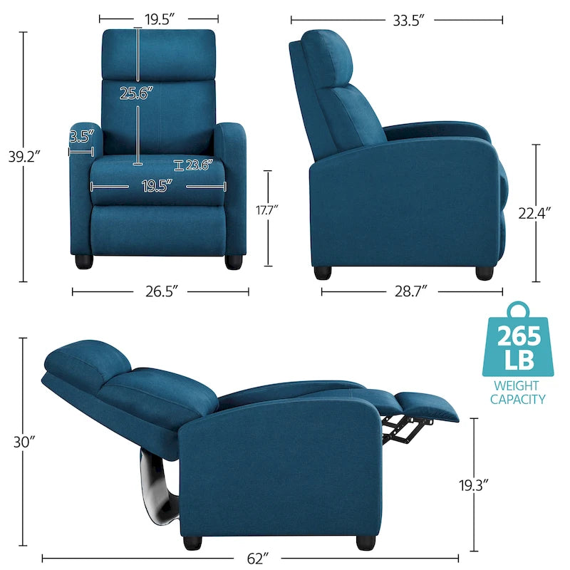 Fauteuil inclinable moderne en tissu avec siège à ressorts ensachés et repose-pieds réglable