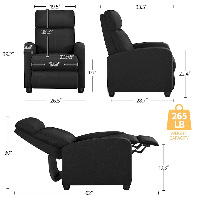 Fauteuil inclinable moderne en tissu avec siège à ressorts ensachés et repose-pieds réglable
