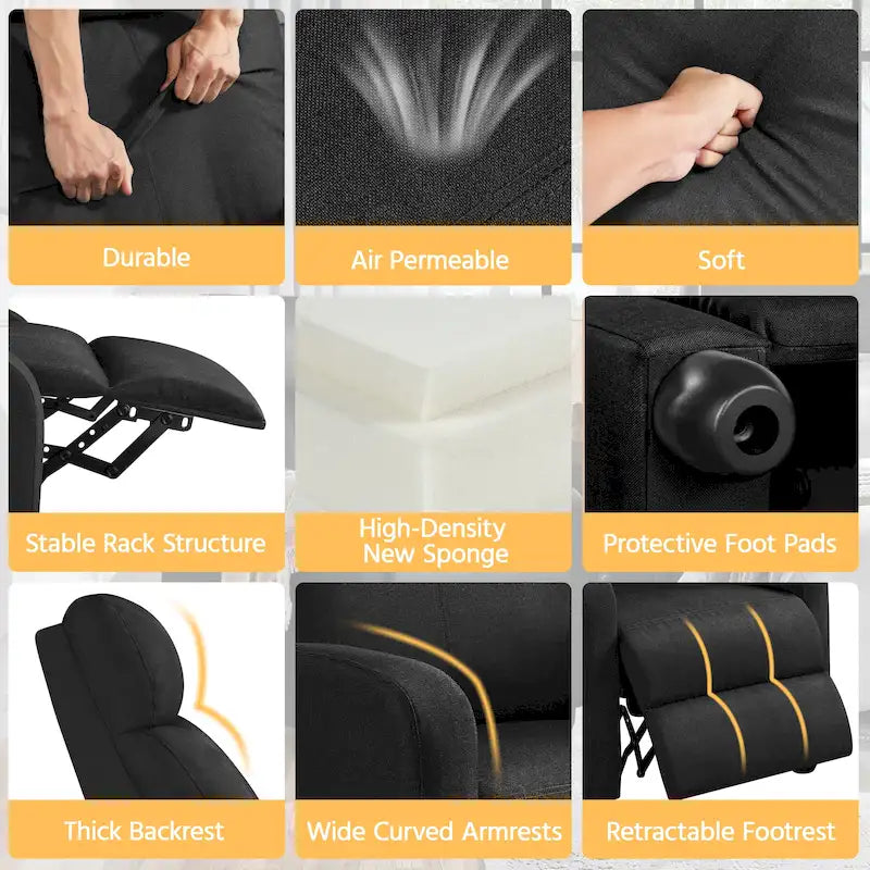 Fauteuil inclinable moderne en tissu avec siège à ressorts ensachés et repose-pieds réglable