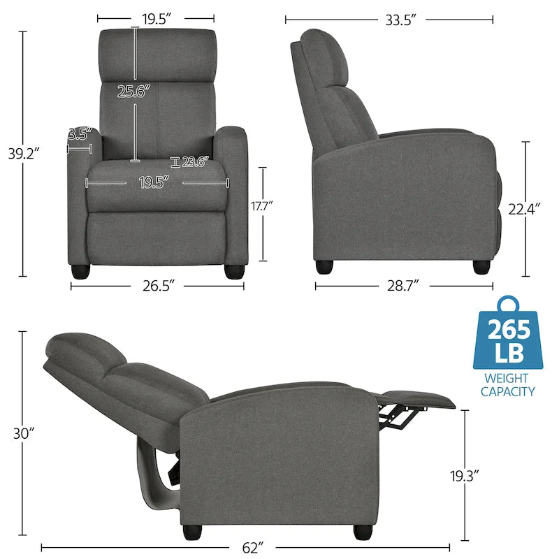 Fauteuil inclinable moderne en tissu avec siège à ressorts ensachés et repose-pieds réglable
