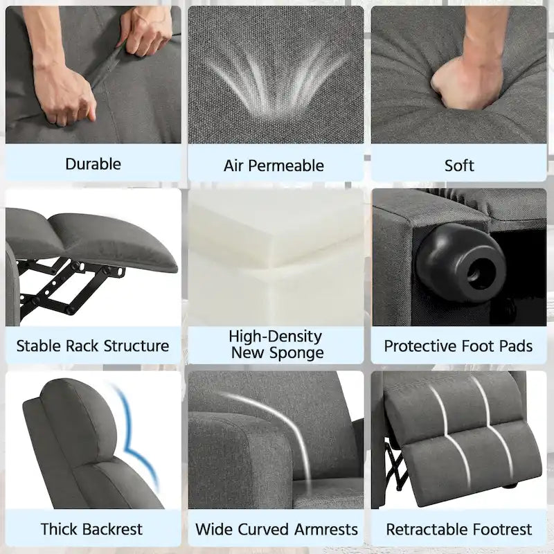 Fauteuil inclinable moderne en tissu avec siège à ressorts ensachés et repose-pieds réglable