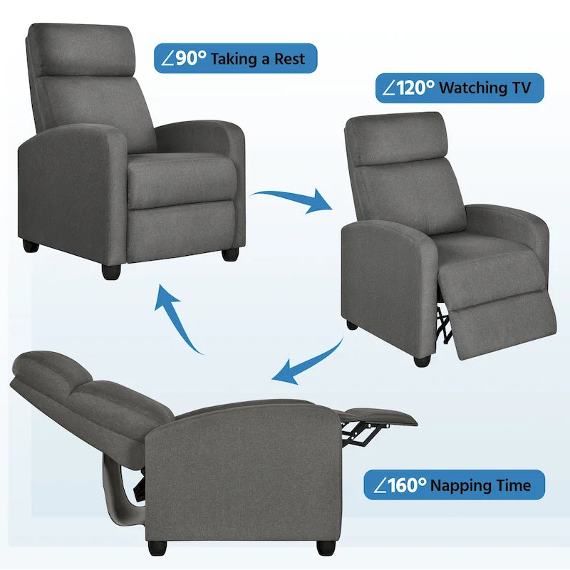 Fauteuil inclinable moderne en tissu avec siège à ressorts ensachés et repose-pieds réglable