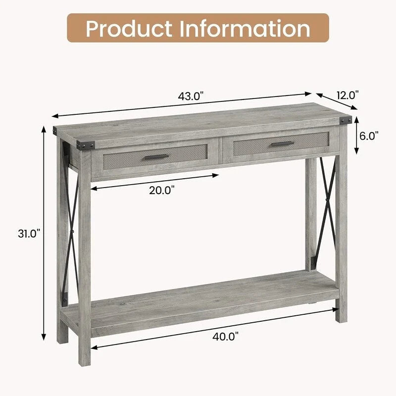 Console d'entrée bohème avec tiroirs en rotin, table console pour l'entrée