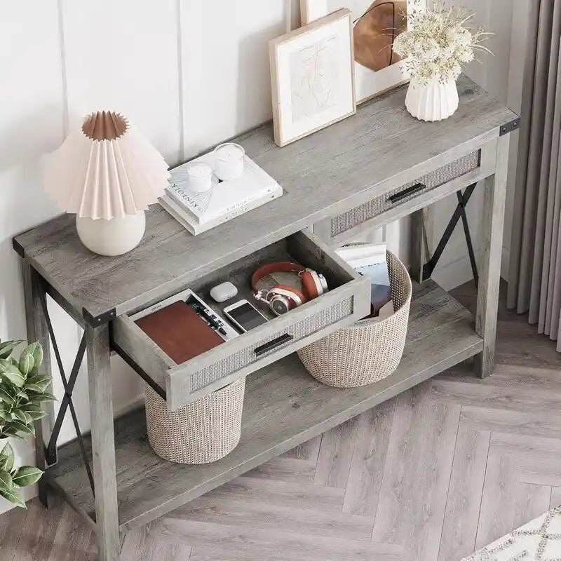 Console d'entrée bohème avec tiroirs en rotin, table console pour l'entrée