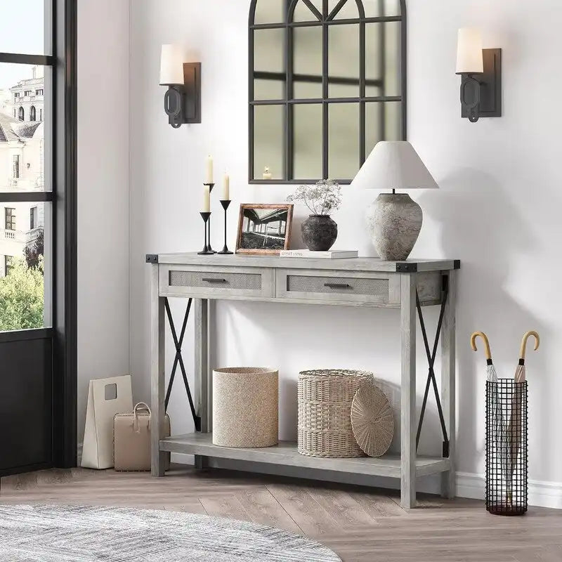 Console d'entrée bohème avec tiroirs en rotin, table console pour l'entrée